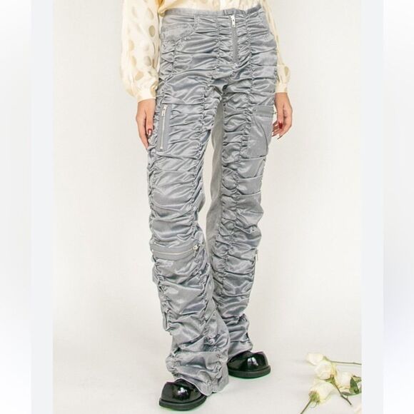 Seven 7 Express Vintage Silver Ruched Women’s Flare Pants Zip Front Y2K EUC 29 - Picture 4 of 8